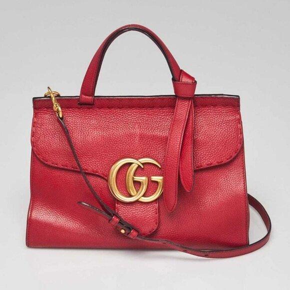 Gucci Red Pebbled Leather Marmont Top Handle Bag - Picture 1 of 11